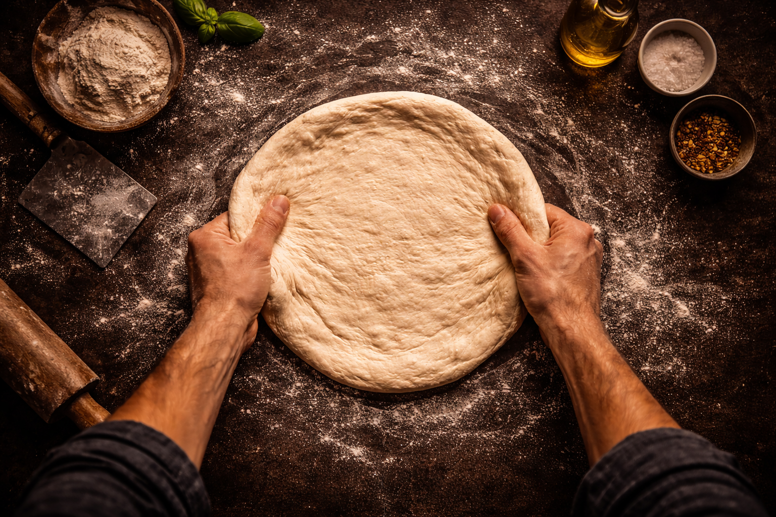 반죽을 균형 있게 펴는 손